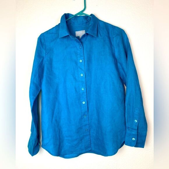 Pure Collection Tops - PURE Collection turquoise linen oversized button down shirt finely tailored